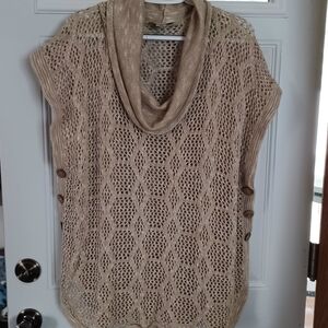CJ Banks Beige Open Knit Cowl Pullover Sleeveless Poncho Sweater XL Side Buttons